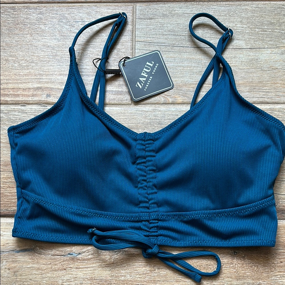 Zaful Blue Swim Bra with Ruched Center and Adjustable Straps